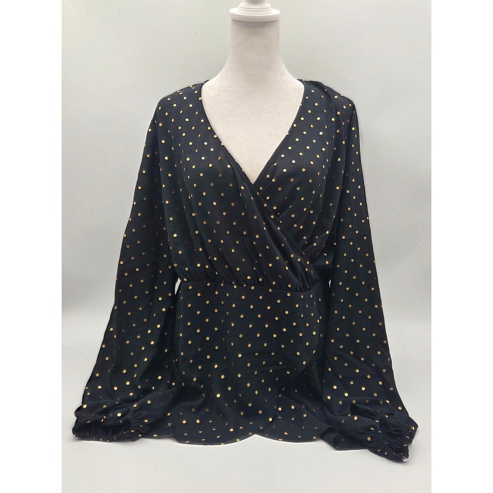 June + Vie Women's 14W Black Gold Polka Dot Wrap Blouse 101-364